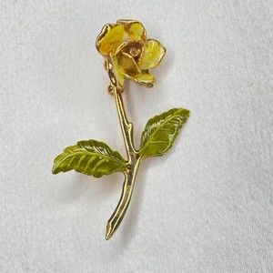 Vintage Rose Stick Pin Yellow Green Enamel Over Gold Tone Metal